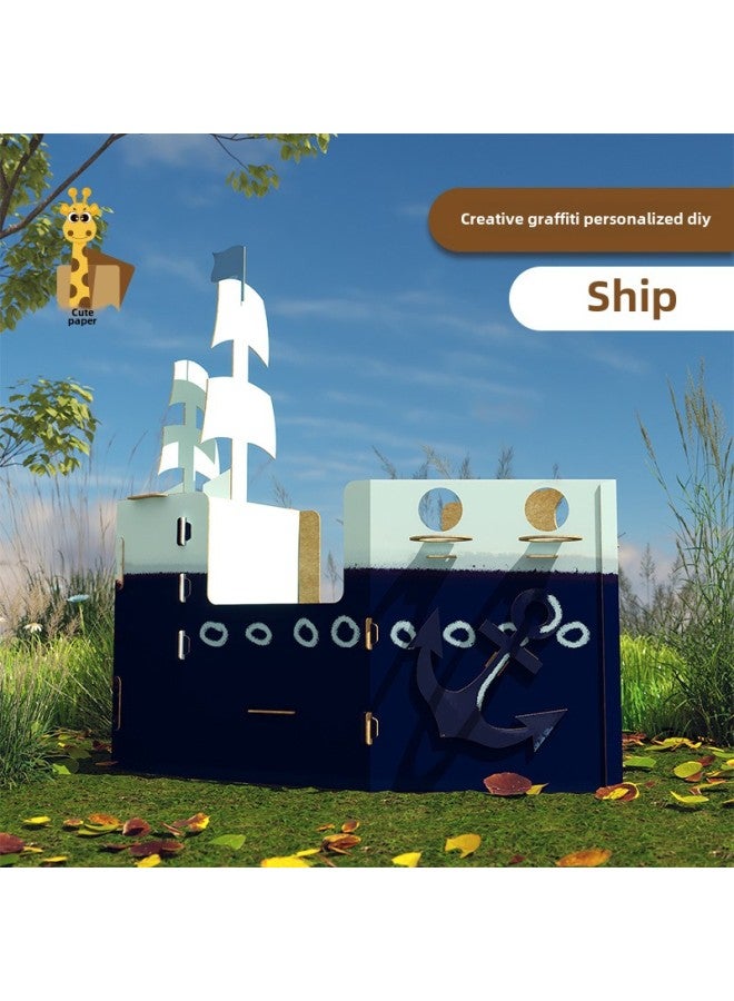 إسكدنيا كرتون جرافيتي سيارة سفينة قطار إشارة مرور رياض الأطفال يمكن ارتداؤها من الورق المقوى لصنع منزل القلعة - اللون: سفينة جرافيتي (120 مل من الطلاء متضمنة) - Image 4