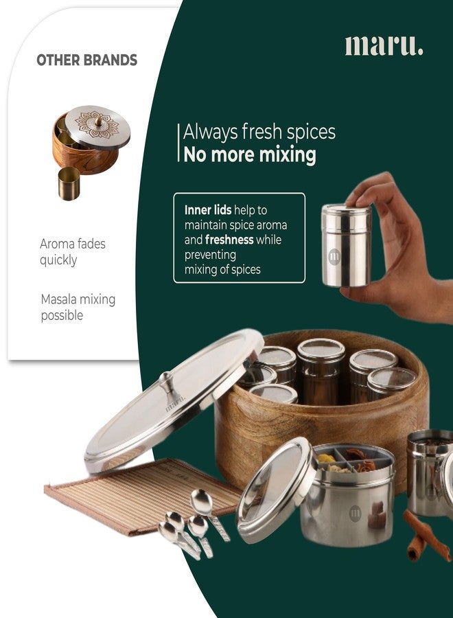 MARU 12-in-1 Wooden Spice Box | Stainless Steel Containers With See-Through Lids | 8 Small & 1 Large Container With Middle Partition | Perfect For Organizing Spices, Herbs, Masalas & Seasonings - Image 3
