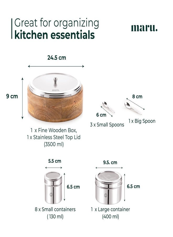 MARU 12-in-1 Wooden Spice Box | Stainless Steel Containers With See-Through Lids | 8 Small & 1 Large Container With Middle Partition | Perfect For Organizing Spices, Herbs, Masalas & Seasonings - Image 2