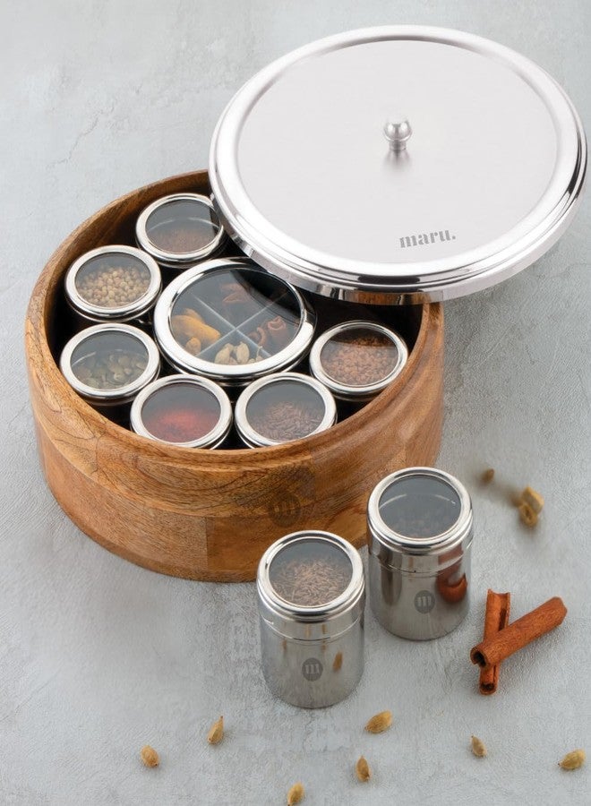 MARU 12-in-1 Wooden Spice Box | Stainless Steel Containers With See-Through Lids | 8 Small & 1 Large Container With Middle Partition | Perfect For Organizing Spices, Herbs, Masalas & Seasonings - Image 1