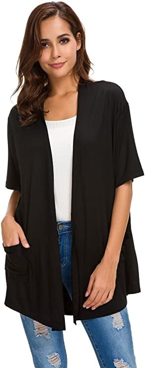 ADANIKI Womens Short Sleeve Open Front Lightweight Casual Comfy Long Line Drape Hem Soft Modal Cardigans Sweater with Two Pockets (Black, XL) - Image 3
