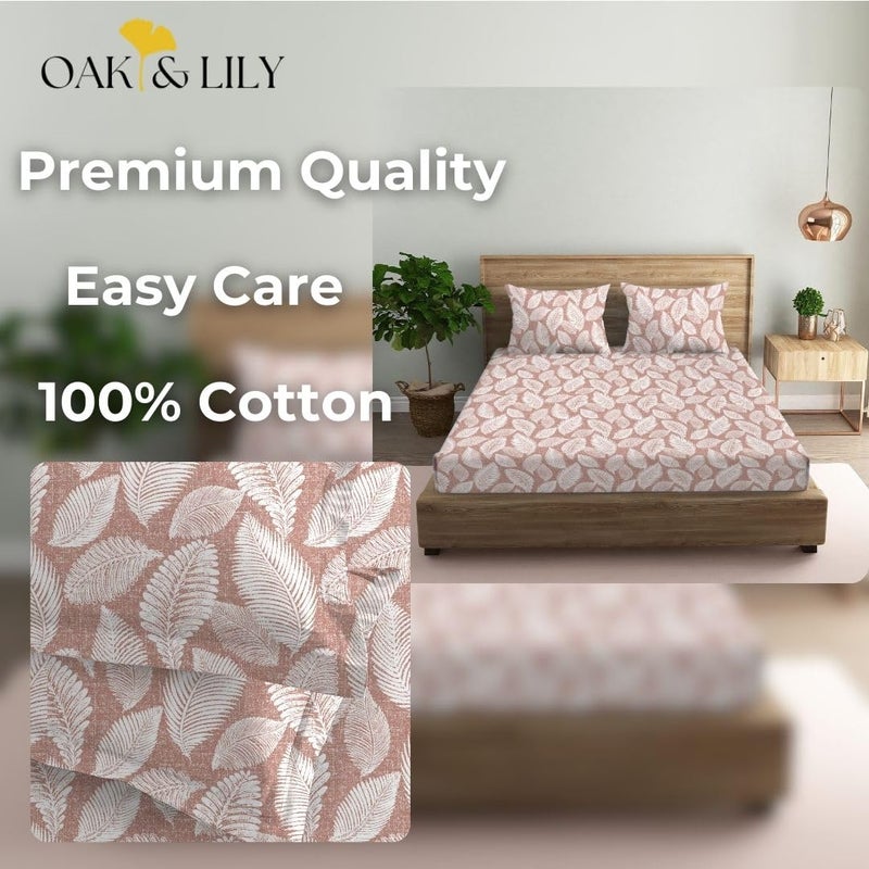Oak & Lily Oak Lily Queen Size Bedsheet in 210 TC with 2 Large Pillow Covers Autumn Leaves Peach Design Bed Sheet for Double Bed 90 x 100 100 Cotton Washable European Quality Cotton Bed Cover  - Image 2