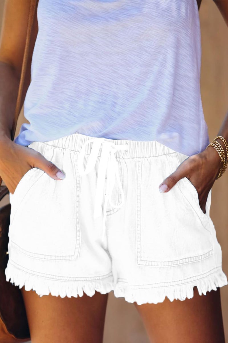 YOCUR Womens Denim Shorts Flowy Fashion Board Elastic Waist Fringe Drawstring Shorts Juniors Lounge Hot Pants White XXL - Image 2