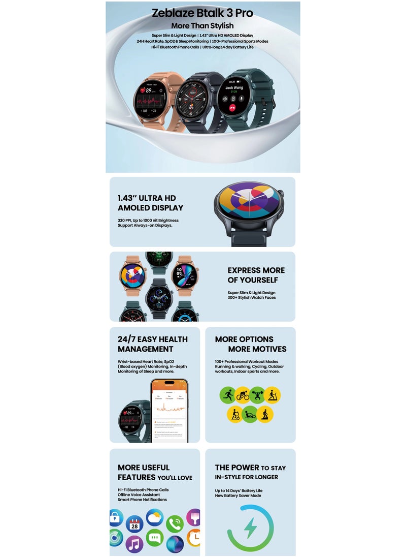 Zeblaze - Zeblaze Btalk 3 Pro Smart Watch AMOLED Display Hi-Fi Bluetooth Phone Calls Health and Fitness Tracking New SmartWatch - Image 1