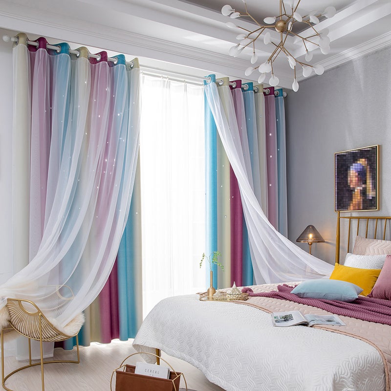 2PCS Star Curtains Blackout High Precision Curtains for Kids Girls Bedroom Living Room Colorful Double Layer Star Window Curtains - Image 2