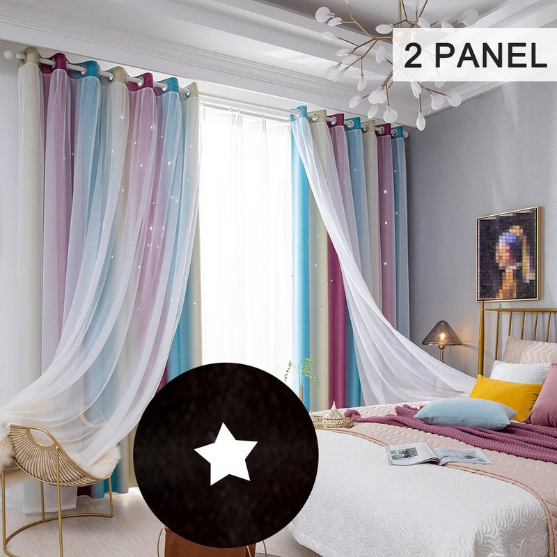 2PCS Star Curtains Blackout High Precision Curtains for Kids Girls Bedroom Living Room Colorful Double Layer Star Window Curtains - Image 5