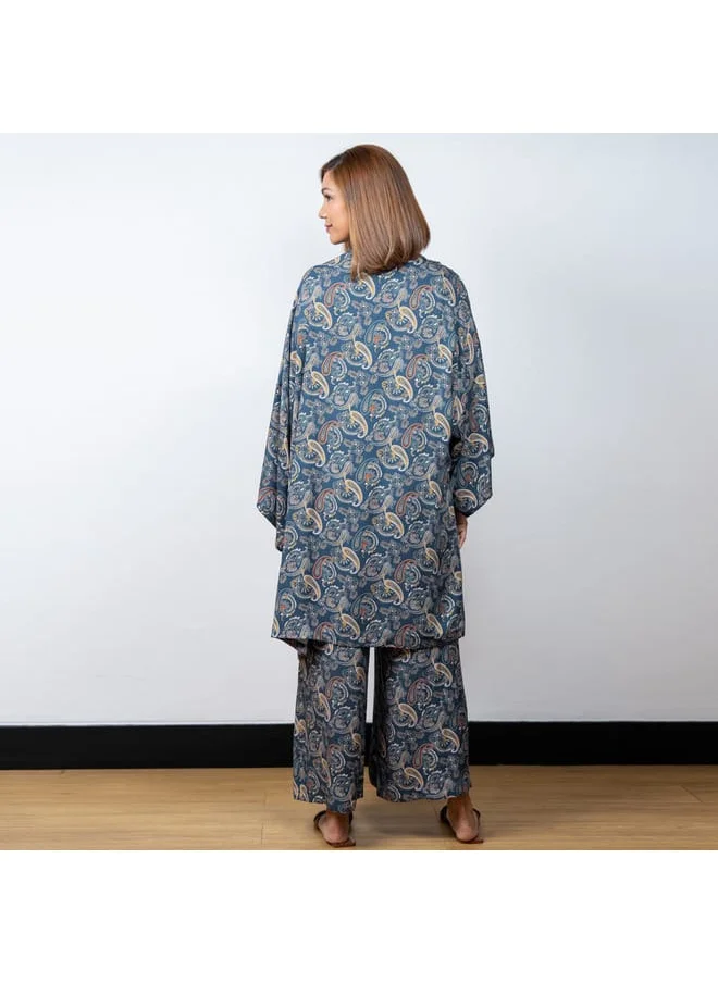 Aadaraya Aadaraya Paisely Print Open Front Kaftan with Wide Leg Pants and Camisole Set