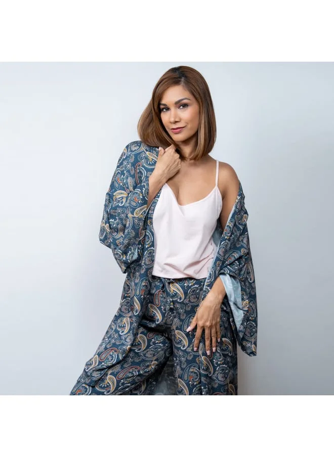Aadaraya Aadaraya Paisely Print Open Front Kaftan with Wide Leg Pants and Camisole Set