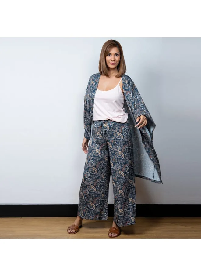 Aadaraya Aadaraya Paisely Print Open Front Kaftan with Wide Leg Pants and Camisole Set