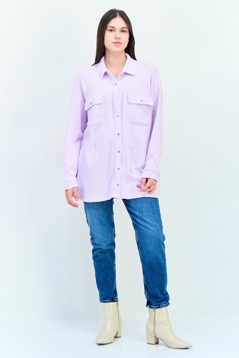 Aerie Women Spread Collar Long Sleeve Knitted Shirt, Lavender  - Image 2