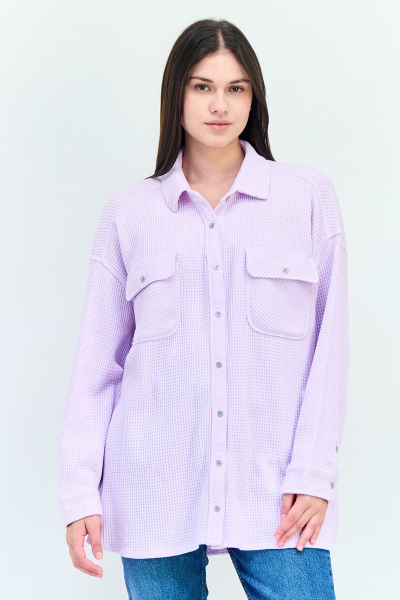 Aerie Women Spread Collar Long Sleeve Knitted Shirt, Lavender  - Image 1