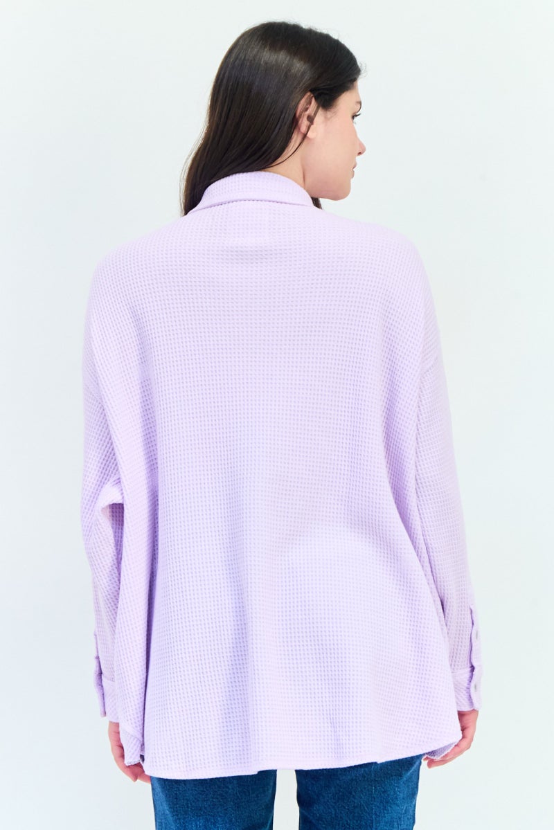 Aerie Women Spread Collar Long Sleeve Knitted Shirt, Lavender  - Image 4