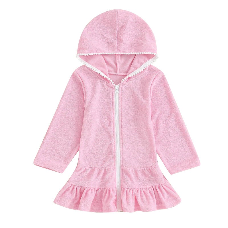 Baby beach hooded cape, hooded long-sleeved beach dress (pink, suitable for 5-6 years old) - Image 1