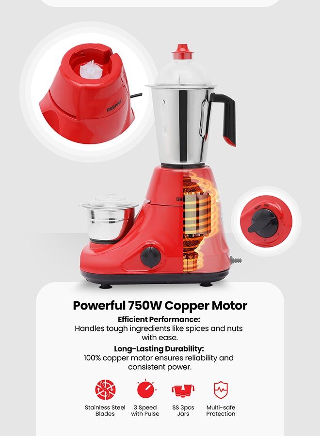 GEEPAS Mixer Grinder With 3 Jars 1.5 L 750 W GSB5081 Dark Orange - Image 5