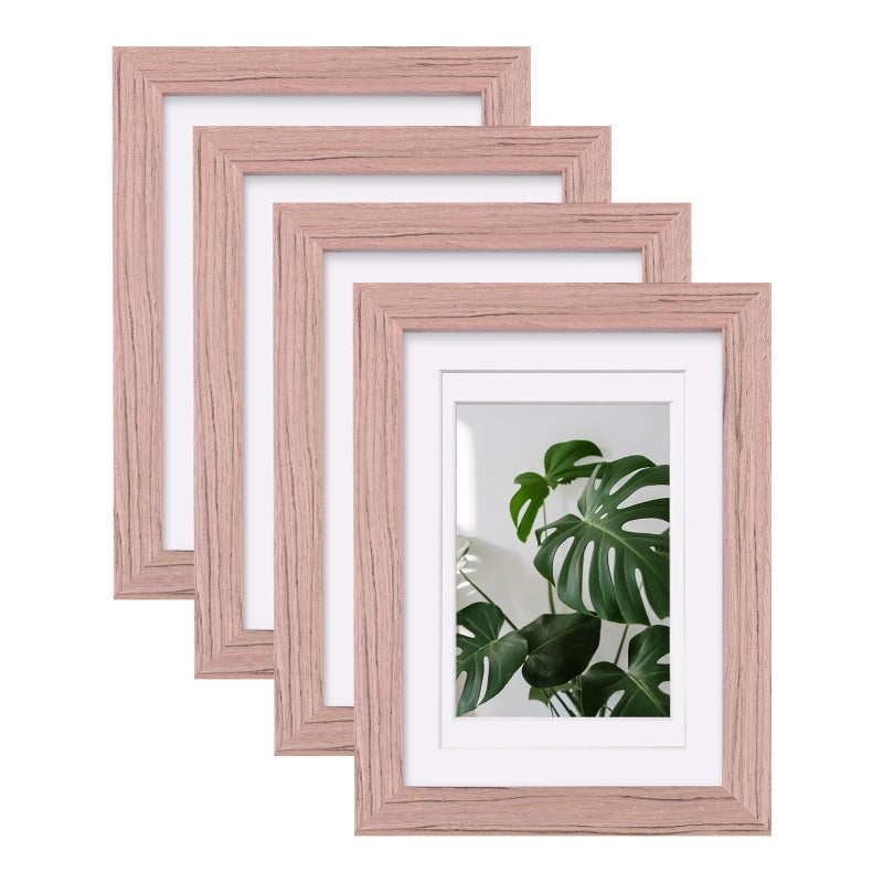 Egofine Egofine 5x7 Picture Frame 4PCS Made of Solid Wood  Display Picture 3.5x5/4x6 with Mat or 5x7 Covered by Plexiglass for Table Top Display and Wall Mounting Photo Frame  Peach Pink  - Image 1