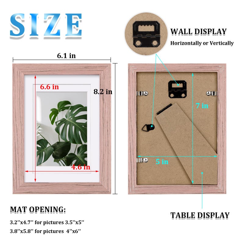 Egofine Egofine 5x7 Picture Frame 4PCS Made of Solid Wood  Display Picture 3.5x5/4x6 with Mat or 5x7 Covered by Plexiglass for Table Top Display and Wall Mounting Photo Frame  Peach Pink  - Image 3