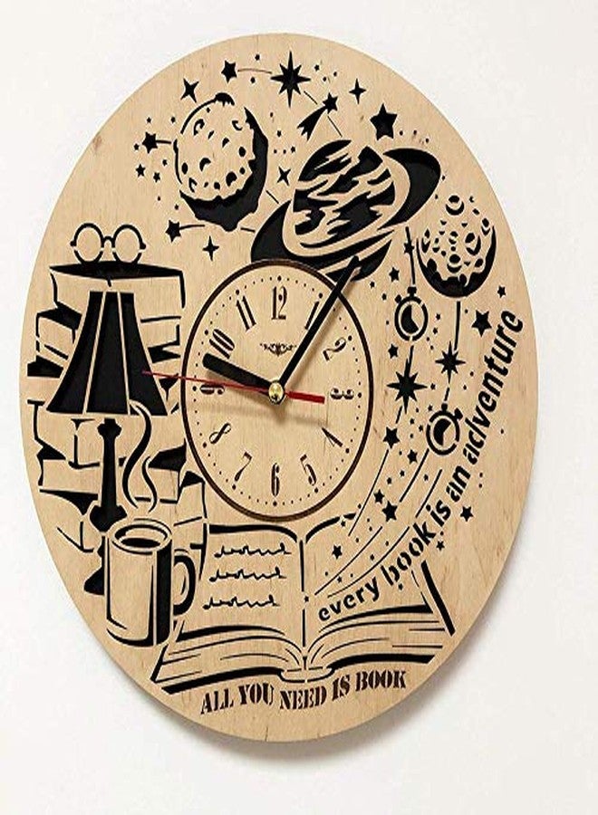 NABSTER Study Room Wall Clock with Hobby Book Reading Design - 12 Inch Decorative Clock Made of Eco Wood with Silent Quartz Movement - Perfect for Home Decor, Living Room, Kitchen, and Bedroom - Image 1