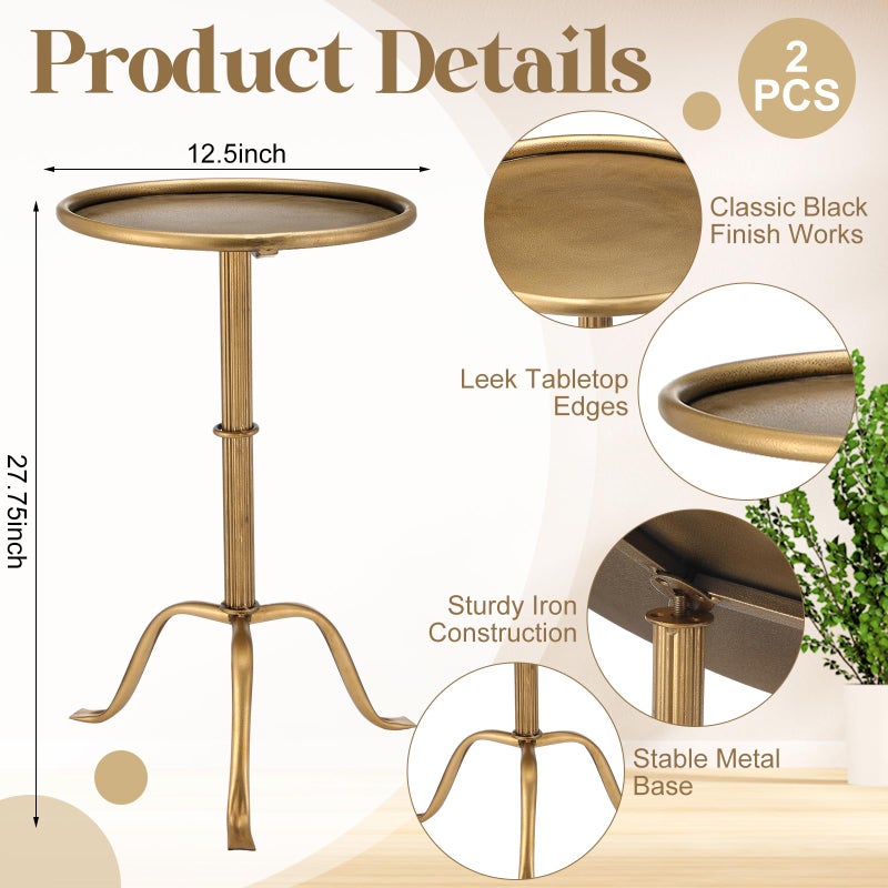 RattanView 2 Pcs Metal Martini Table Bronze Small Round Drink Table12.5 x 12.5 x 27.75 Inches Pedestal Iron Side Tables for Small Spaces Bedroom Living Room - Image 2