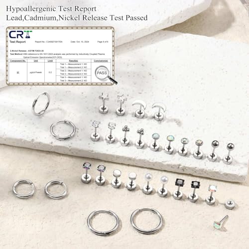 Jstyle Hypoallergenic Flat Back Stud Earrings for Women Men Surgical Stainless Steel Earrings for Sensitive Ears Small Flatback Stud Hoop Earrings Cartilage Earring Set Multiple Piercing Silver Tone - Image 3