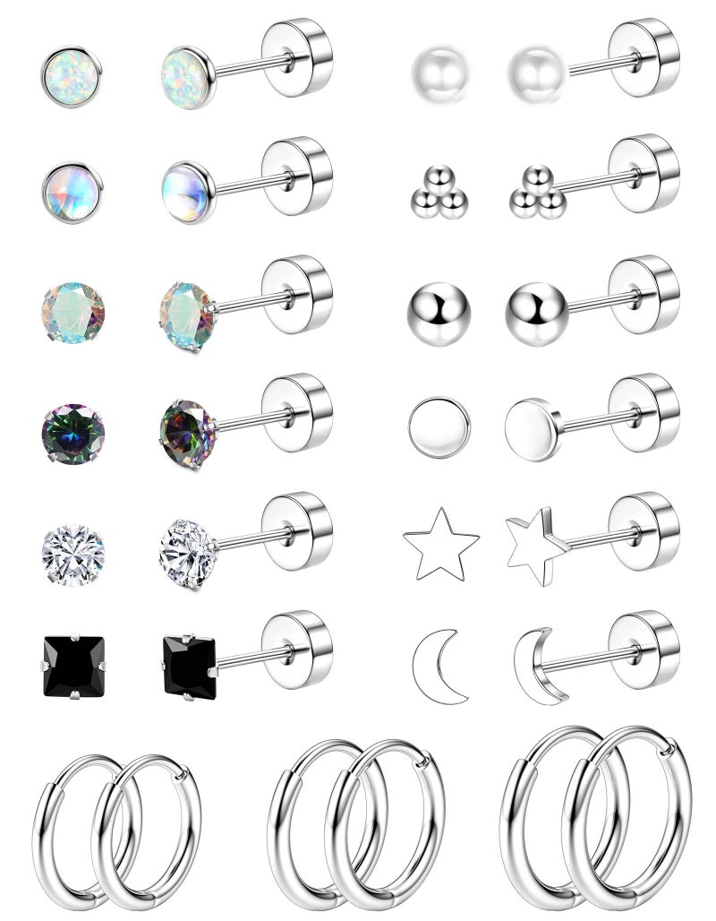 Jstyle Hypoallergenic Flat Back Stud Earrings for Women Men Surgical Stainless Steel Earrings for Sensitive Ears Small Flatback Stud Hoop Earrings Cartilage Earring Set Multiple Piercing Silver Tone - Image 1