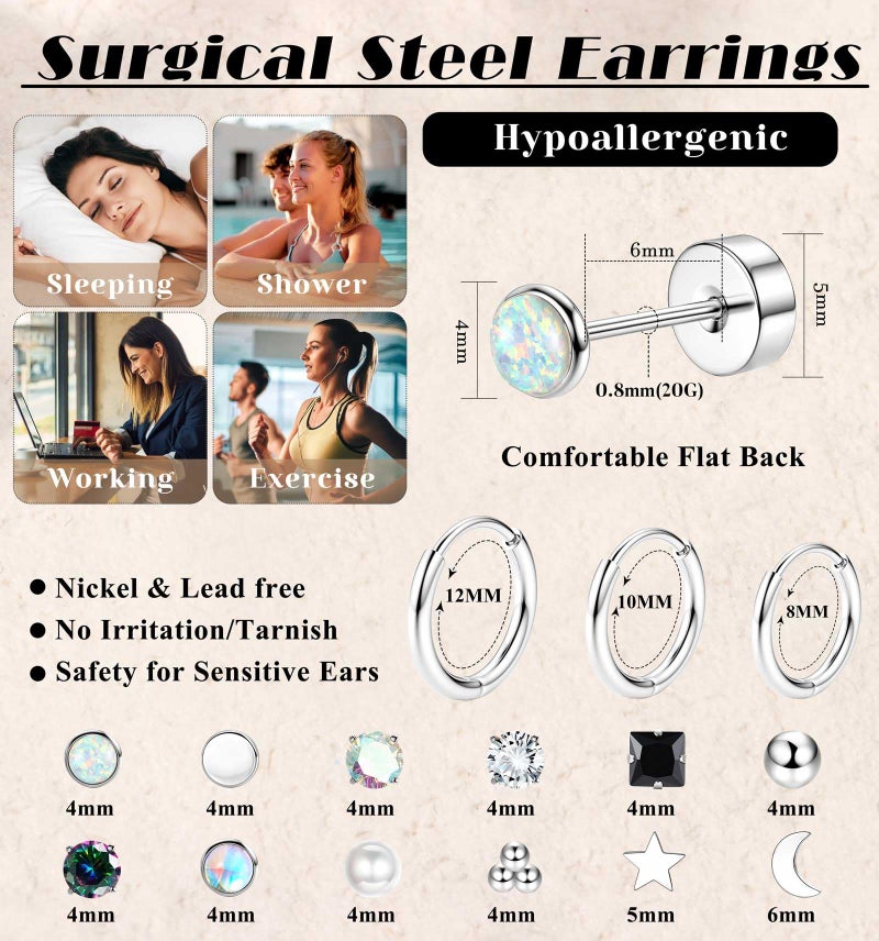 Jstyle Hypoallergenic Flat Back Stud Earrings for Women Men Surgical Stainless Steel Earrings for Sensitive Ears Small Flatback Stud Hoop Earrings Cartilage Earring Set Multiple Piercing Silver Tone - Image 5