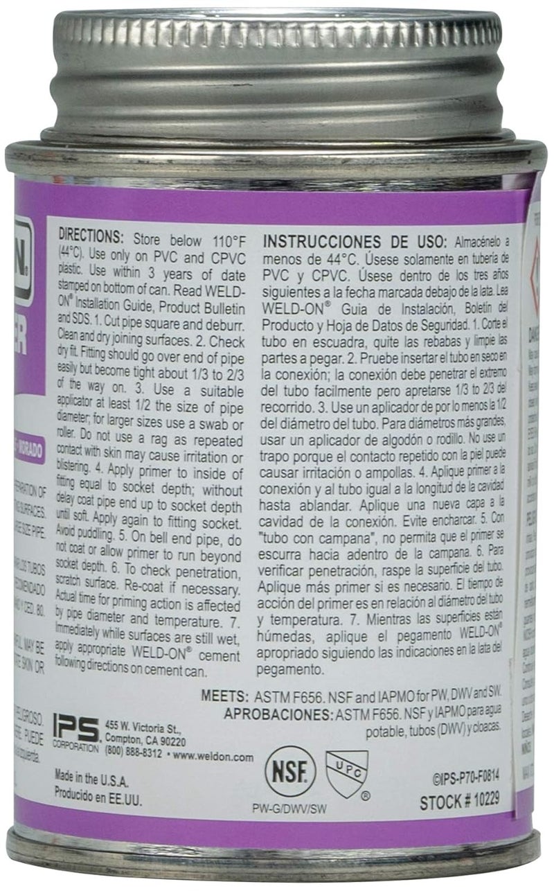 WELDON 10229 P-70 برايمر غير جسماني من PVC/CPVC بدرجة صناعية - سريع المفعول ومنخفض المركبات العضوية المتطايرة، بنفسجي، 1/4 باينت (4 أونصة سائلة) - Image 2