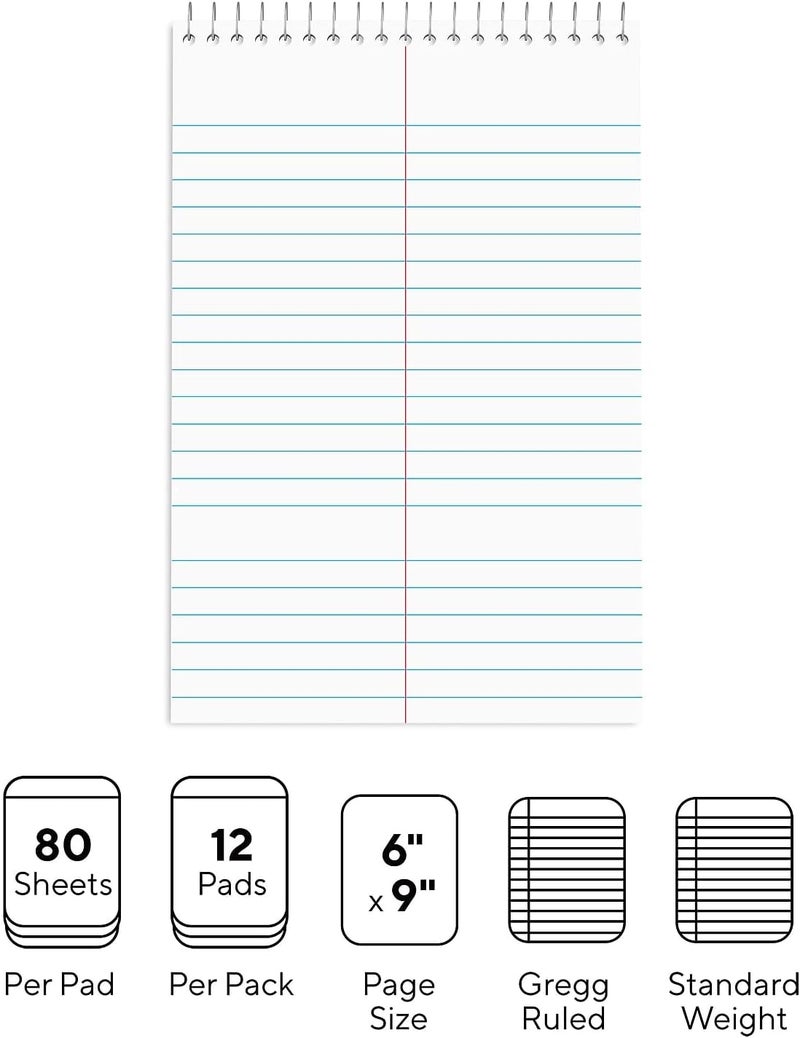 Staples Steno Notepads, 6 x 9 Inch, Gregg Ruled, Top Wire-Bound Notebooks, Cardstock Cover, 80-Sheets, 12-Pack, White Paper - Image 2
