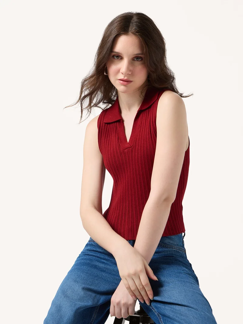 Outzidr  Wine Polo Flat Knit Tank for Women | Best Price UAE