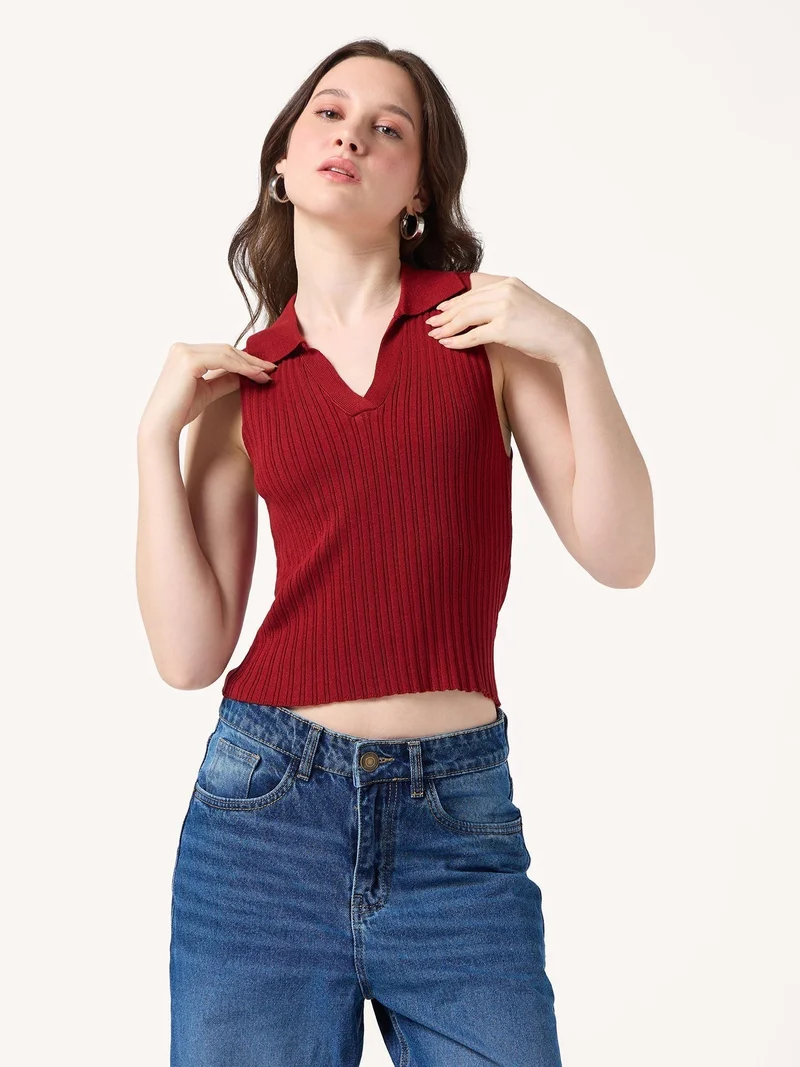 Outzidr  Wine Polo Flat Knit Tank for Women | Best Price UAE