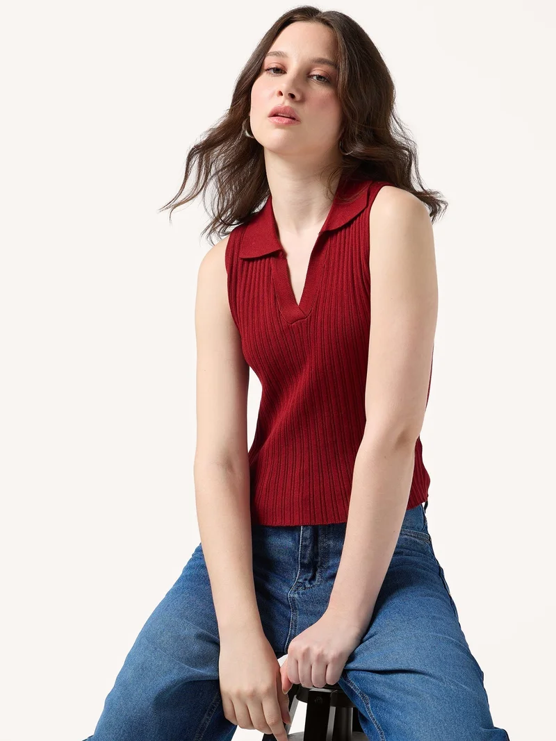 Outzidr  Wine Polo Flat Knit Tank for Women | Best Price UAE
