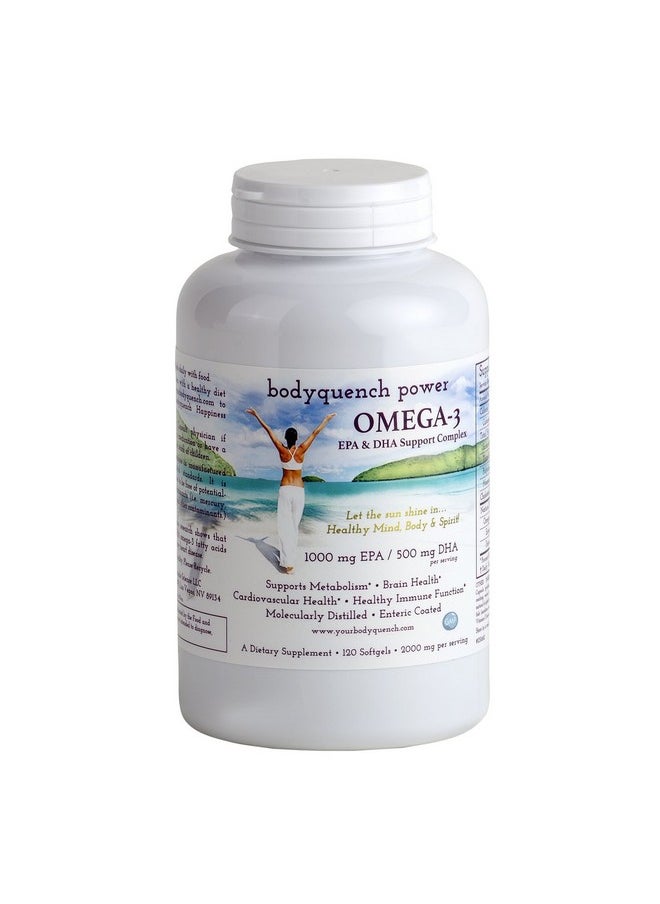 Bodyquench Omega 3 High Potency Dha & Epa Support Complex 2000 Mg Natural Fish Oil Concentrate Supplies 1000 Mg Epa + 500 Mg Dha Per Serving Promotes Heart & Brain Health 120 Softgels  - Image 1
