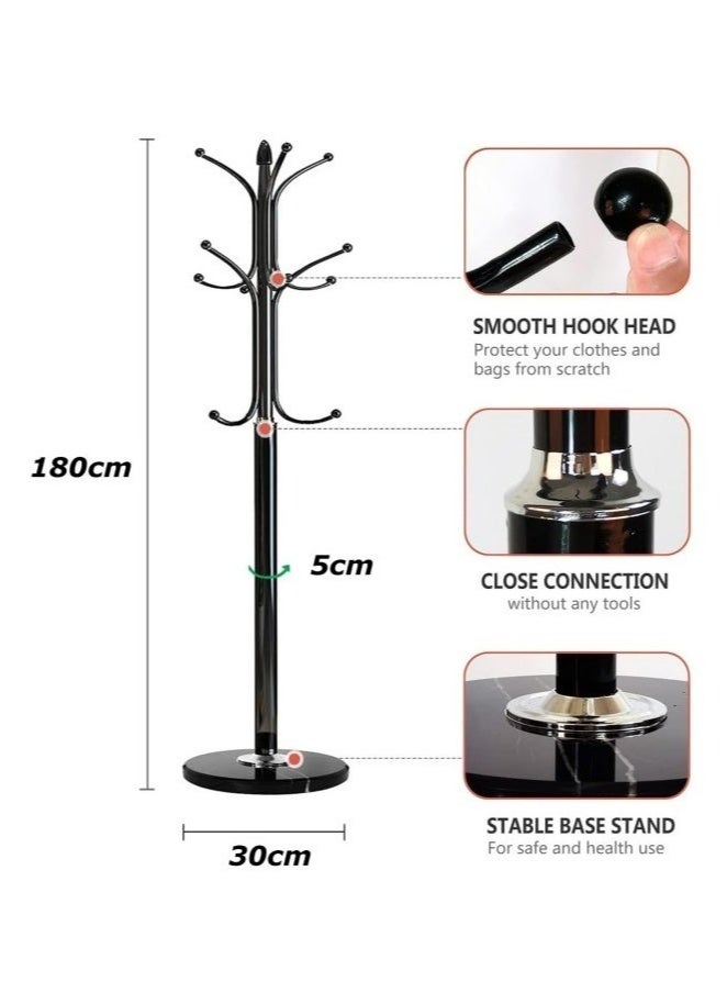MIXDE Metal Coat Rack Stand with Natural Marble Base, Tree Coat Rack Stand, Free Standing Hall Tree with 12 Hooks for Hanging Scarf, Bag, Jacket, Home Entry-way Hat Hanger Organizer(Black) - Image 4