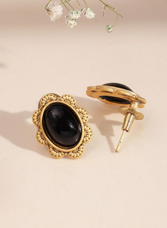 ADIVA Antique Gold-Plated Black Sapphire Stone Oval Textured Floral Stud Earrings, Traditional Stylish Studs Earrings for Women Party, Wedding, Bridal, Occasion, Festive - Image 5