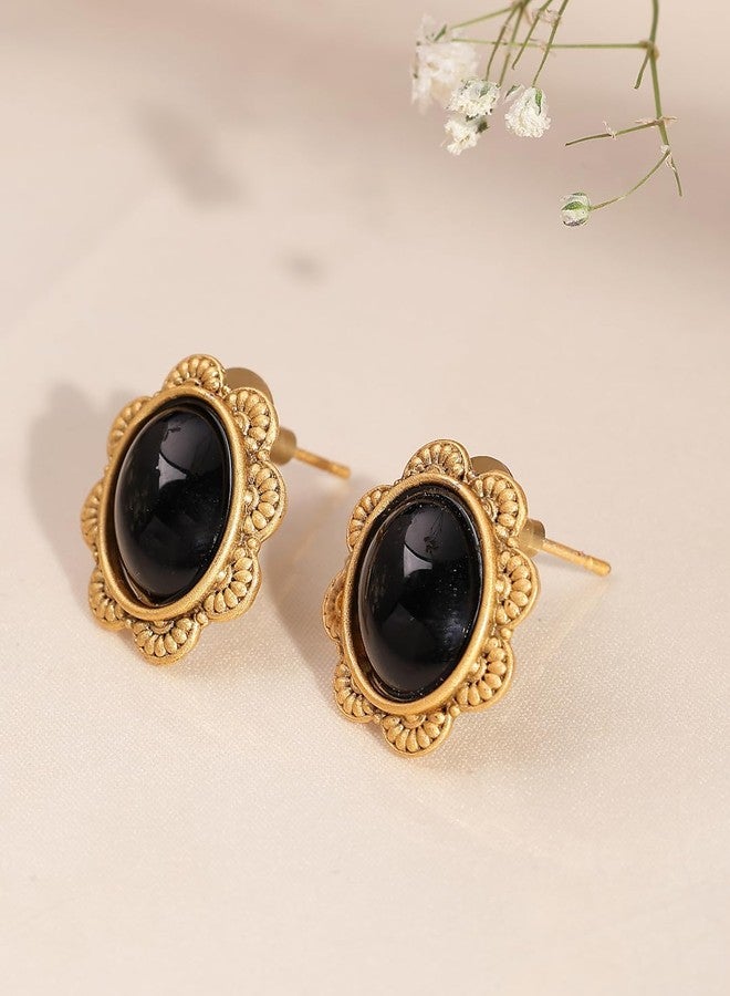 ADIVA Antique Gold-Plated Black Sapphire Stone Oval Textured Floral Stud Earrings, Traditional Stylish Studs Earrings for Women Party, Wedding, Bridal, Occasion, Festive - Image 4