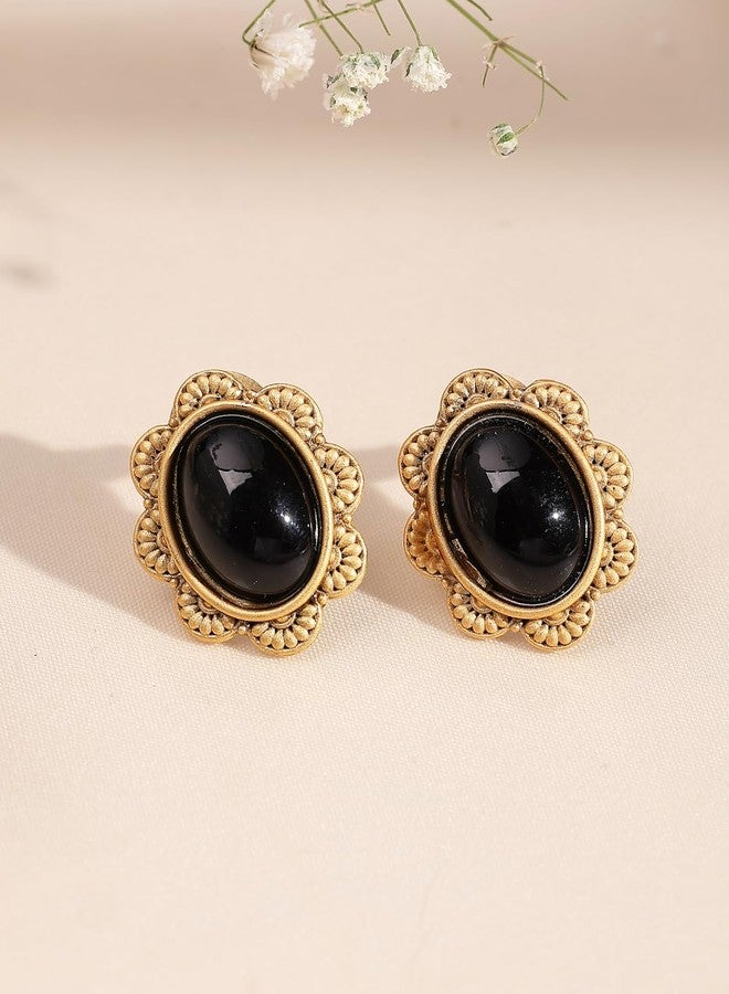 ADIVA Antique Gold-Plated Black Sapphire Stone Oval Textured Floral Stud Earrings, Traditional Stylish Studs Earrings for Women Party, Wedding, Bridal, Occasion, Festive - Image 2