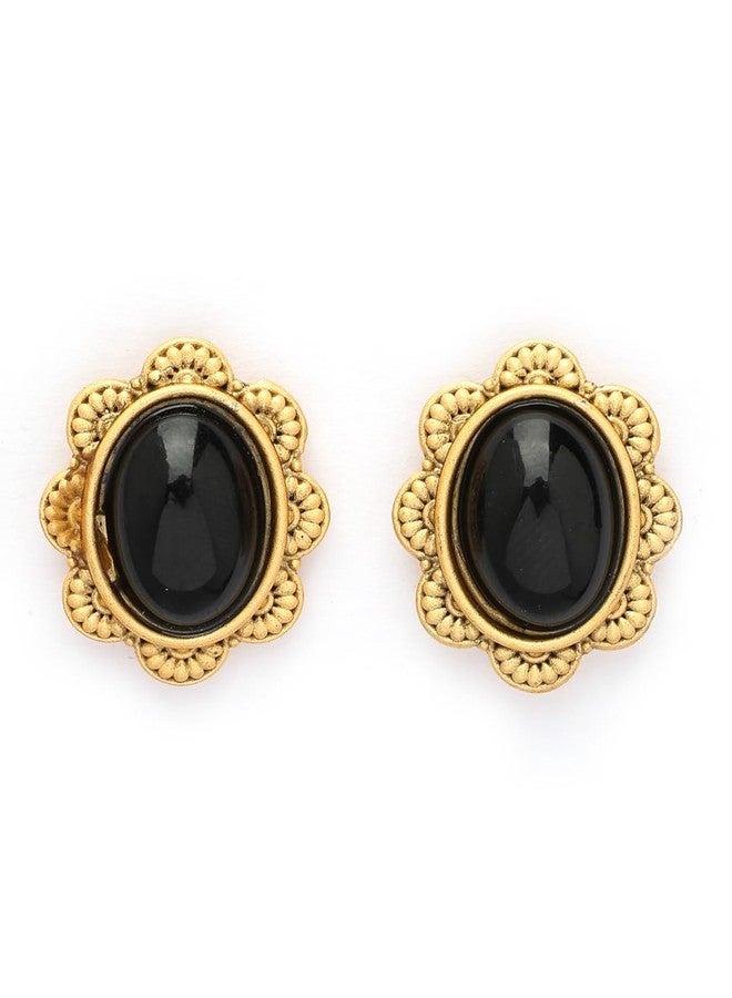 ADIVA Antique Gold-Plated Black Sapphire Stone Oval Textured Floral Stud Earrings, Traditional Stylish Studs Earrings for Women Party, Wedding, Bridal, Occasion, Festive - Image 1
