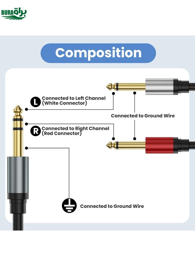 BURAQ 5m Gold Plated 6.35mm Male Dual Sound TRS Stereo to 2 x 6.35mm Male TS Mono Y Splitter Adapter Audio Cable(Black) - Image 4