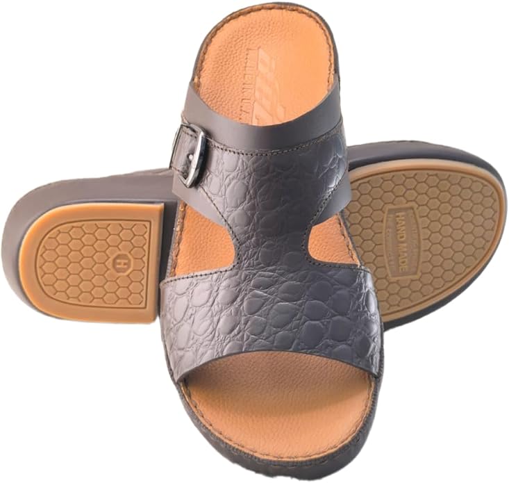 A E T Handmade Arabic Sandals For Men | Outdoor Mens Slippers | Everyday Flip Flops Open Toe | Arabic Genuine Cow Leather With Buckle|Embossed Design | Tan Footbed | Comfortable & LightWeight