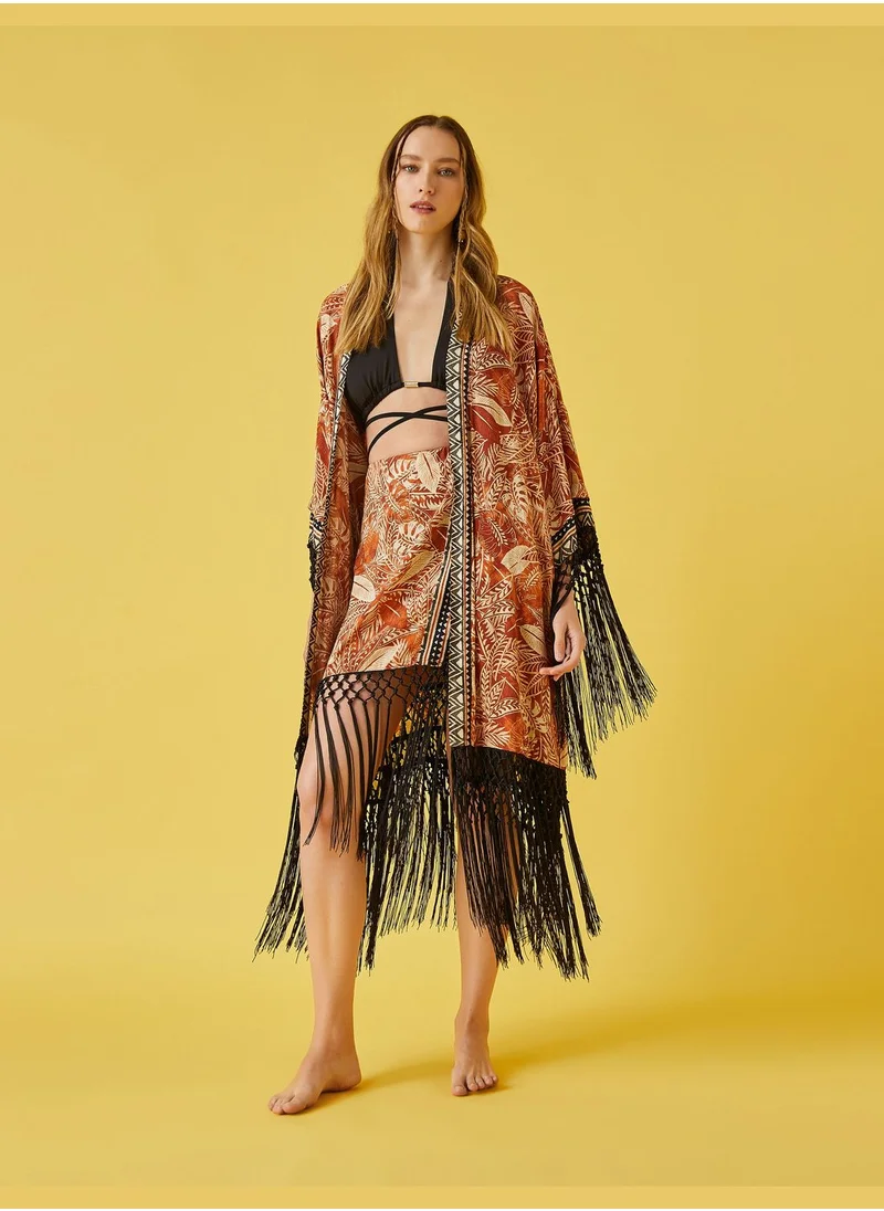 KOTON Tie Waist Fringed Patterned Kimonos