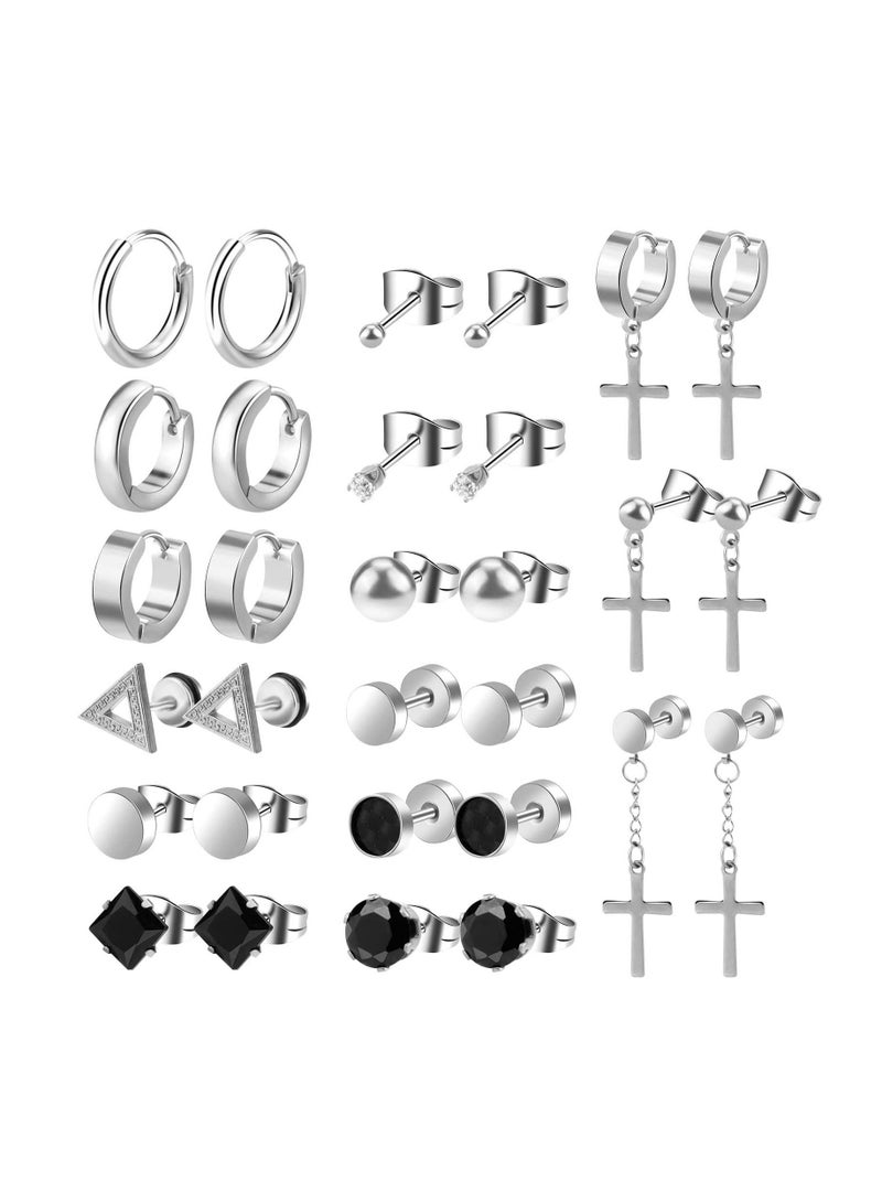 SYOSI أقراط للرجال أقراط سوداء مرصعة بأقراط للرجال أقراط سوداء من الفولاذ المقاوم للصدأ للرجال والنساء والمجوهرات للجنسين مجموعة أقراط دائرية مثقوبة وأقراط متقاطعة - Image 1