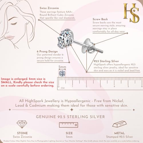 HIGHSPARK 925 Silver Solitaire Screwback Stud Earrings | 92.5 Sterling Silver & Round Brilliant Cubic Zirconia Tops for Men Women | Silver 5mm - Image 2