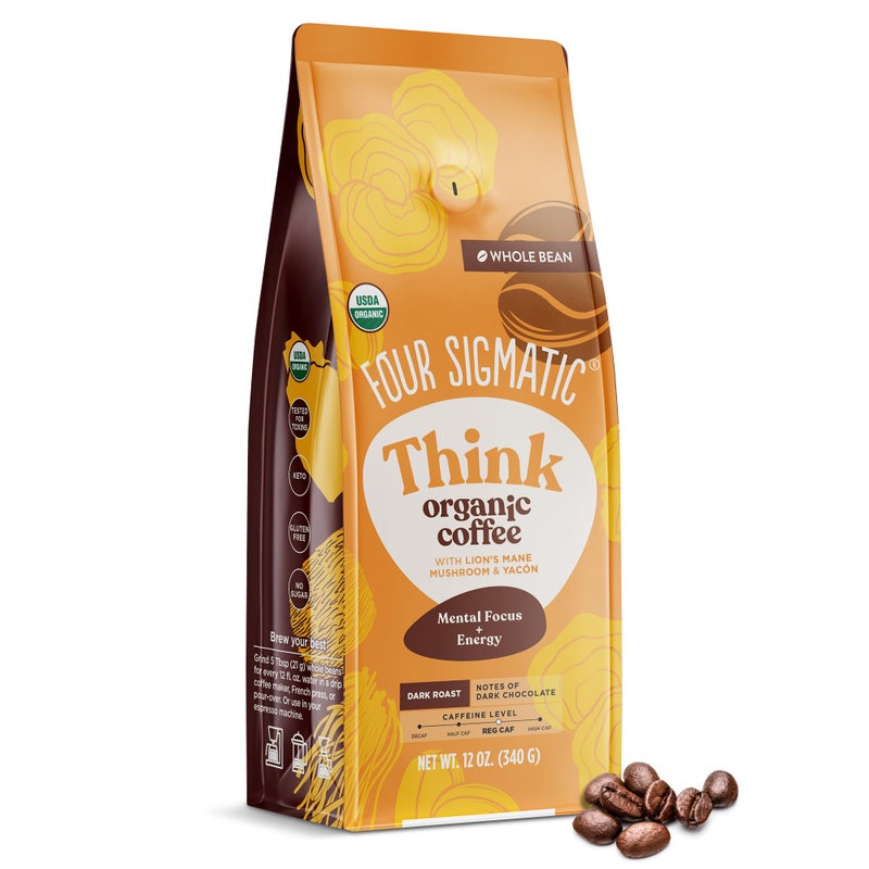 Four Sigmatic Dark Roast Organic Whole Bean Coffee | Whole Beans Coated with Lion's Mane, Chaga Mushrooms | Nootropic Mushroom Coffee for Enhanced Brain Function & Immune Support | 12oz - Image 1