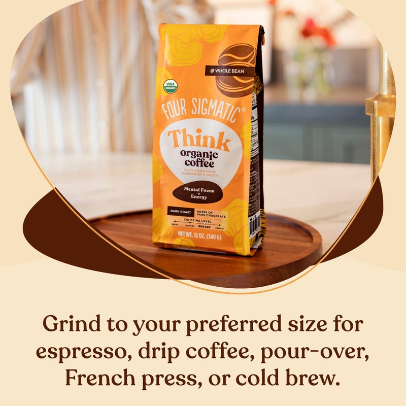 Four Sigmatic Dark Roast Organic Whole Bean Coffee | Whole Beans Coated with Lion's Mane, Chaga Mushrooms | Nootropic Mushroom Coffee for Enhanced Brain Function & Immune Support | 12oz - Image 4