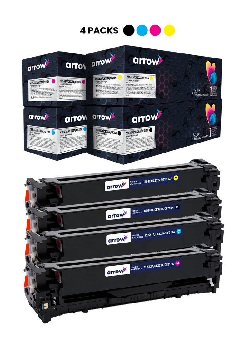 ARROW TONER CARTRIDGE CF210A/ CB540A/CE320A/CRG131 FULL SET OF 4 PACK BLACK,CYAN,YELLOW,MAGENTA Replacement For HP Colour LaserJet CP1213/CP1214/CP1215/CP1216/CP1217/CP1513n/CP1514n/CP1515n/CP1516n/CP1517ni/CP1518ni/CP1519ni HP LaserJet Pro CM1411fn/CM1412tn/CM1413fn/CM1415fn/CM1415fnw/CM1416fnw/ CM1417fnw/CM1418fnw; HP LaserJet Pro CP1521/CP1522/CP1523/CP1525/CP1525nw/CP1526nw/CP1527nw/CP1528nw;HP LaserJet Pro 200 colour M251nw HP LaserJet Pro 200 colour M276n/nw Canon I-SENSYS LBP7100Cn/LBP7110Cw/MF628Cw/623Cn/ MF8280Cw/MF8230Cn Canon Colour image CLASS 624Cw/ MF628Cw/8210Cn/ 8280/MF626Cn/MF623Cn/621Cn Canon Satera MF628Cw/8230Cn/8280Cw - Image 1