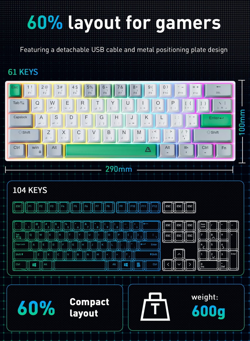 حياة الكثبان لوحة مفاتيح ألعاب ميكانيكية بـ 61 مفتاحًا - تدعم التبديل السريع للمفاتيح، إضاءة خلفية RGB بـ 16.8 مليون لون، تخطيط عربي/إنجليزي، تصميم مقاوم للماء ومضاد لظاهرة الضغطات الوهمية (مفاتيح حمراء)، تصميم مريح للغاية. - Image 5