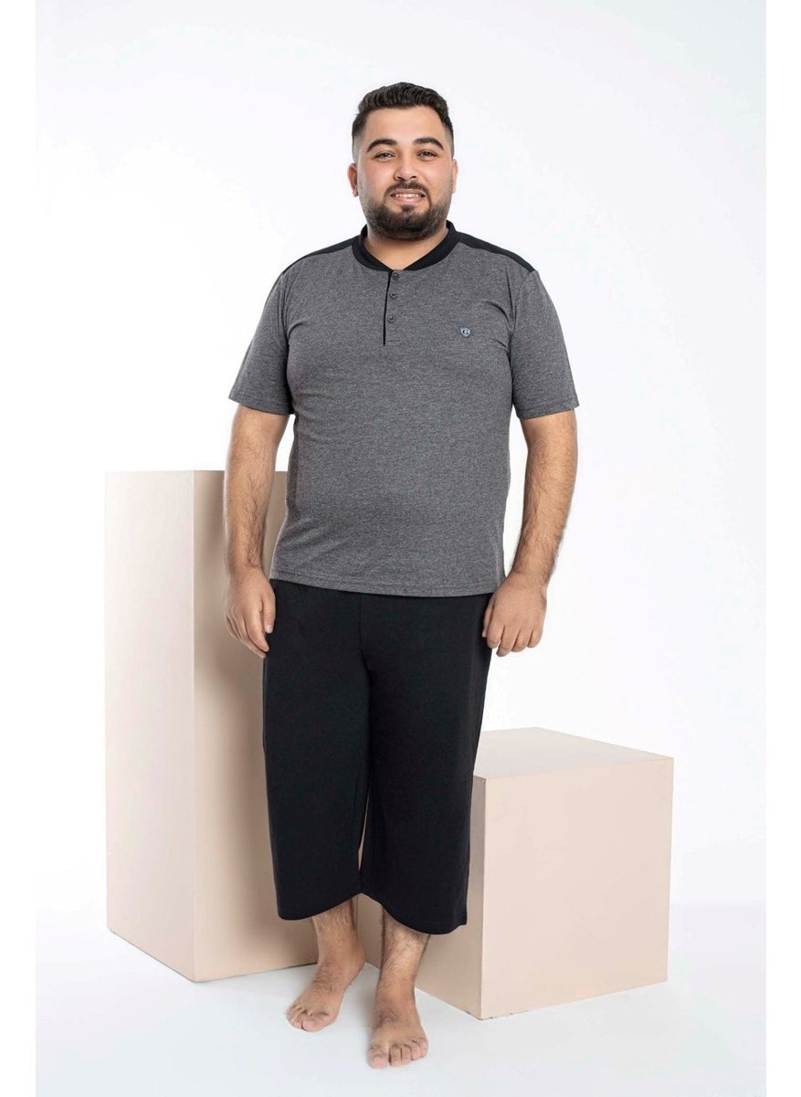 Bie's Men's Gray Plus Size 3 Button 100% Cotton Short Sleeve Pocket Capri/Bermuda Pajama Set  - Image 1