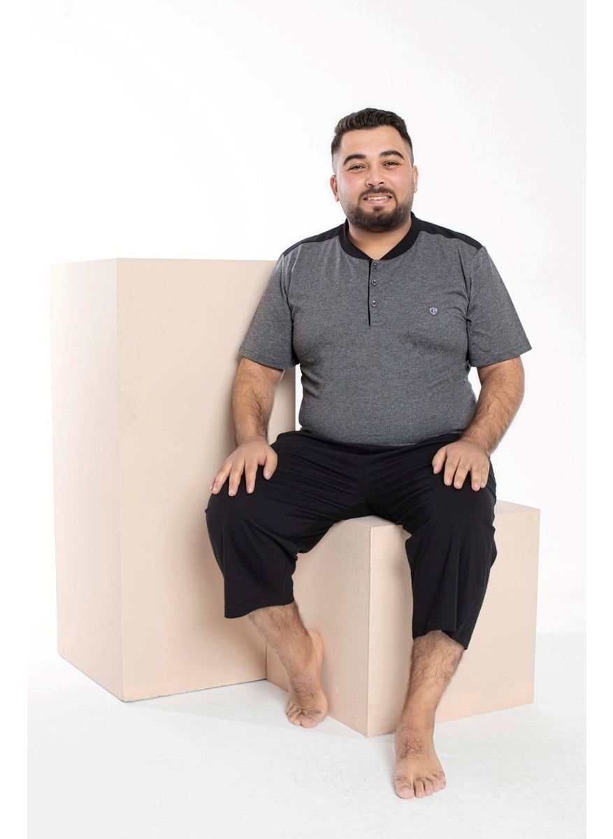 Bie's Men's Gray Plus Size 3 Button 100% Cotton Short Sleeve Pocket Capri/Bermuda Pajama Set  - Image 2