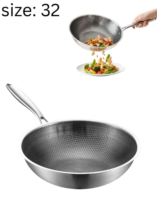 مقلاة ووك عميقة من الفولاذ المقاوم للصدأ مقاس 32 سم - مقلاة احترافية غير لاصقة متينة للاستخدام الغذائي لطهي كميات كبيرة، والقلي السريع، والقلي السريع، والتشويح السريع. - Image 1