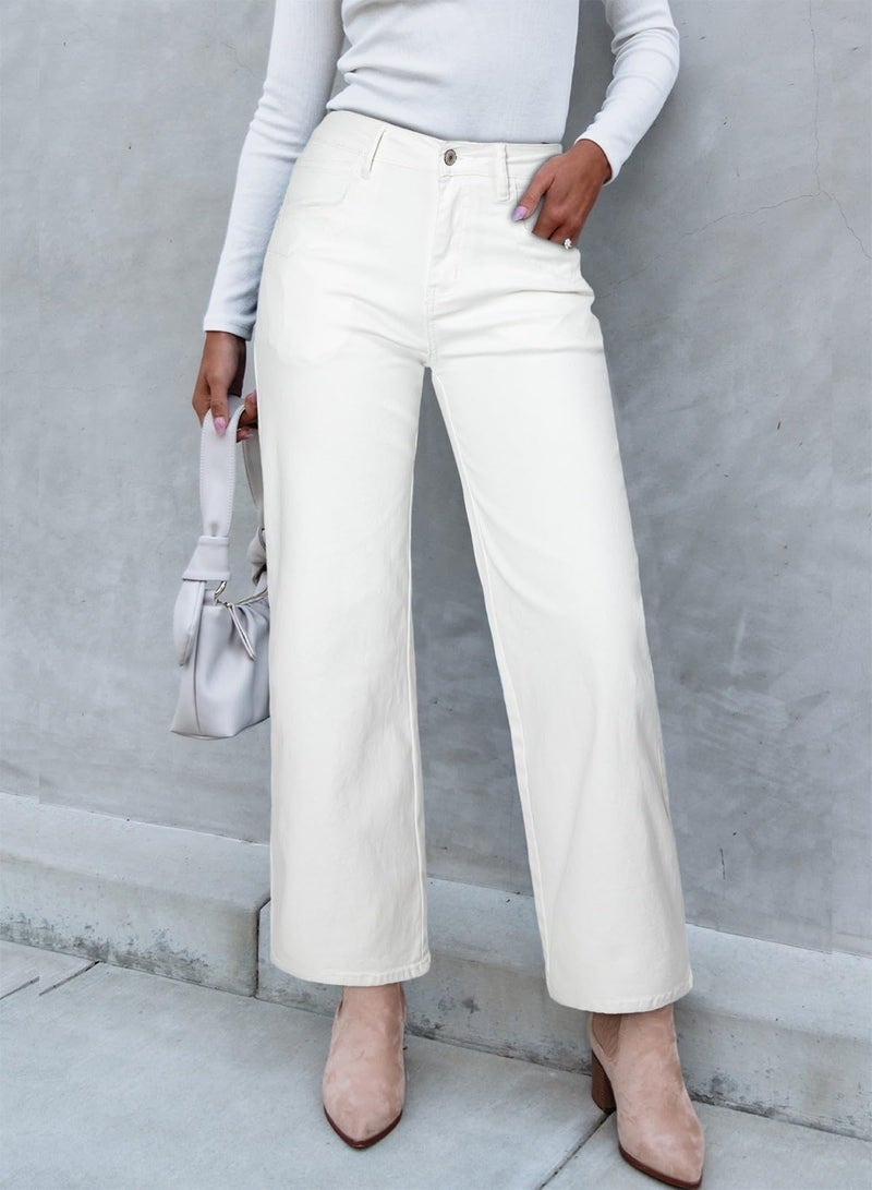 Sidefeel Jeans for Women Wide Leg High Waisted Stretchy Jeans Straight Leg Zimbaplatinum Ankle Denim Pants with Slant Pockets White Size 8 - Image 5