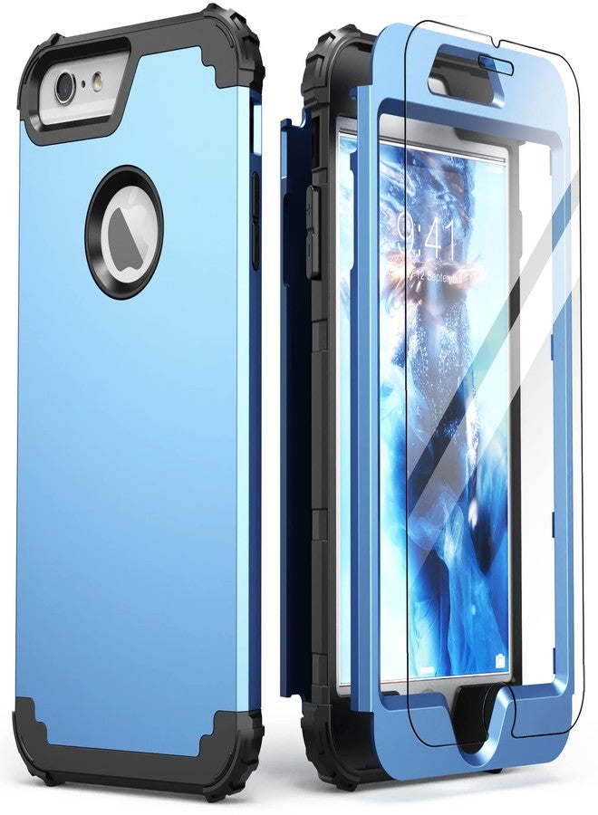 اي دي ويل جراب IDweel لهاتف iPhone 6S Plus مع واقي شاشة، جراب لهاتف iPhone 6 Plus، 3 في 1 مقاوم للصدمات، نحيف، هجين، شديد التحمل، غطاء صلب من البولي كربونات مع حافة ناعمة من السيليكون، غطاء كامل للجسم، أزرق سلام/أسود - Image 1